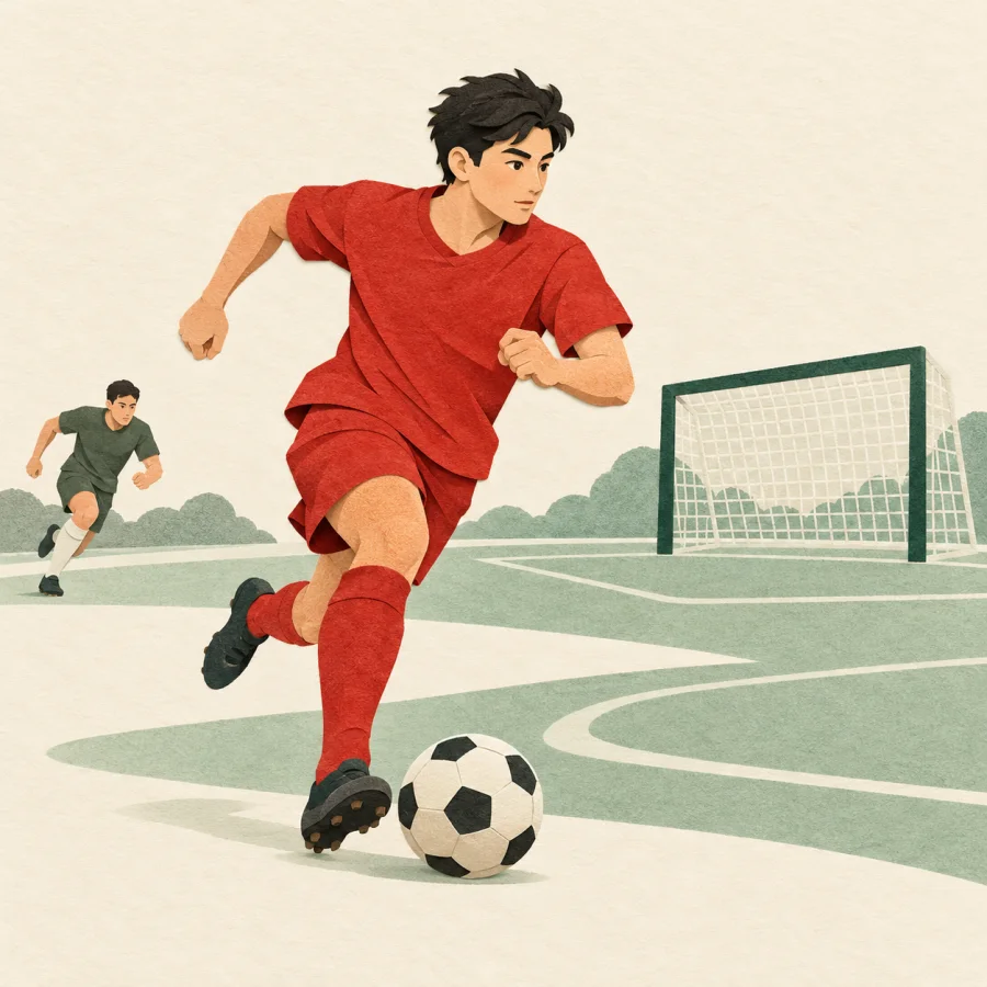 A footballer in red charges toward the goal with the ball