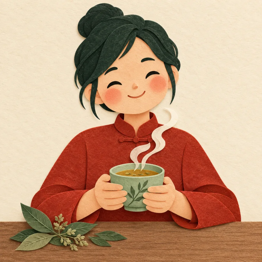 A steaming cup of herbal tea and a content person