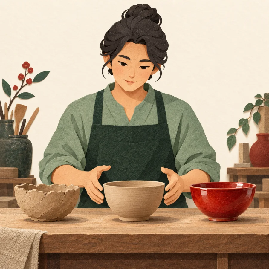 A craftsperson at a bench with three bowls at different stages