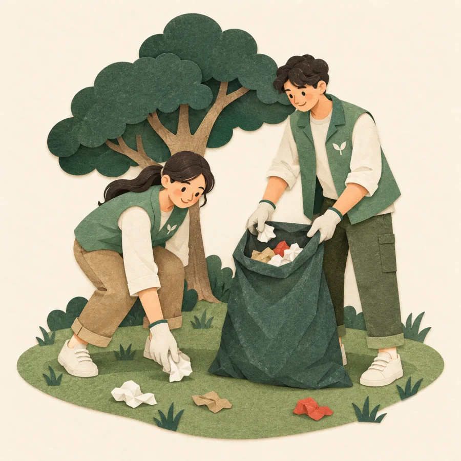 Volunteers pick up litter in a park into bags