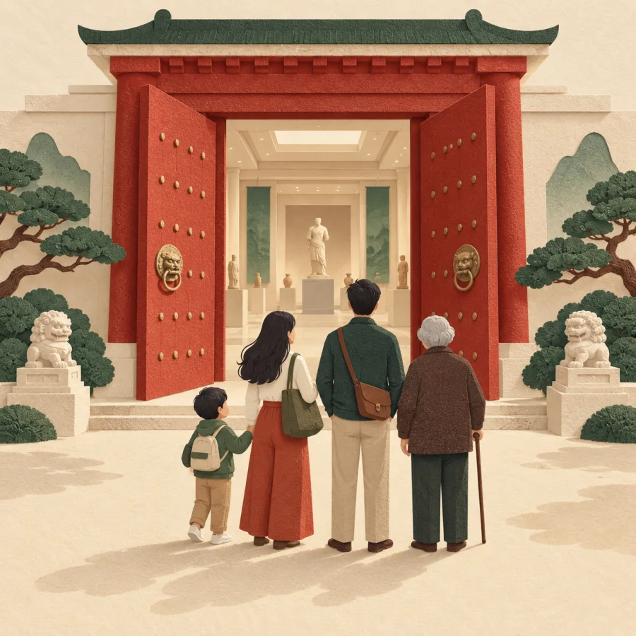 People of different ages stand in a square by an open gate