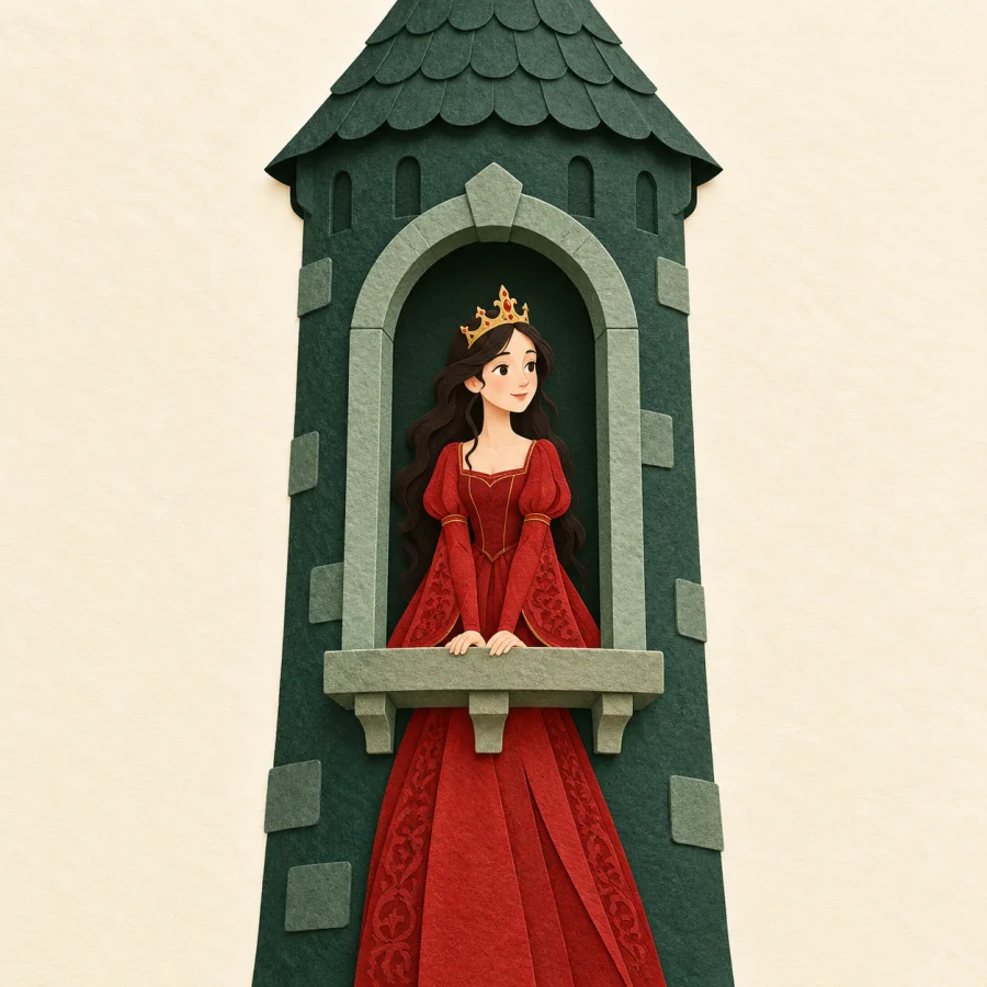 A princess in a crown and red dress at a tower window