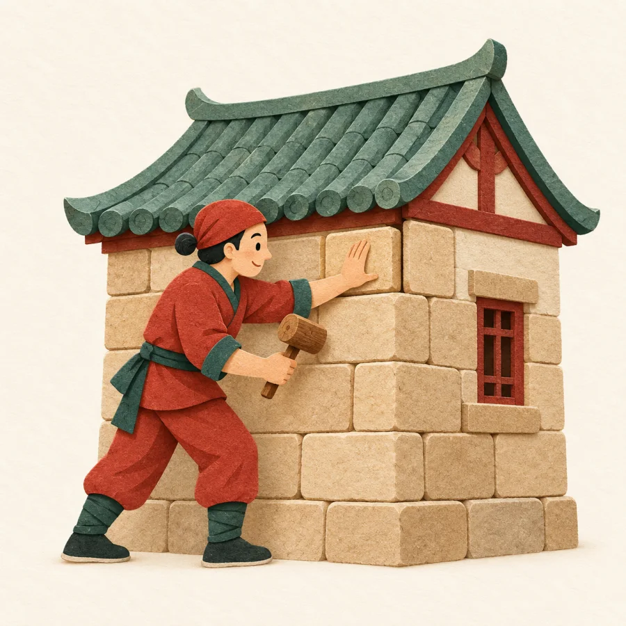 A builder presses the last stone into a solid house wall