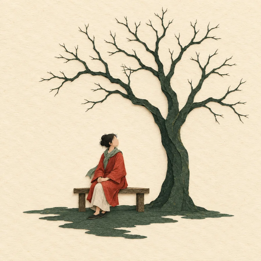 A lonely person sits on a bench under a lone tree