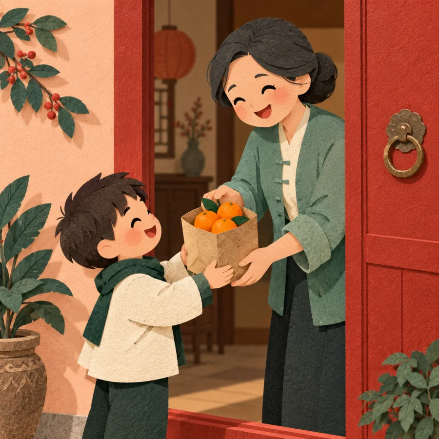 A smiling woman gives a child a bag of oranges