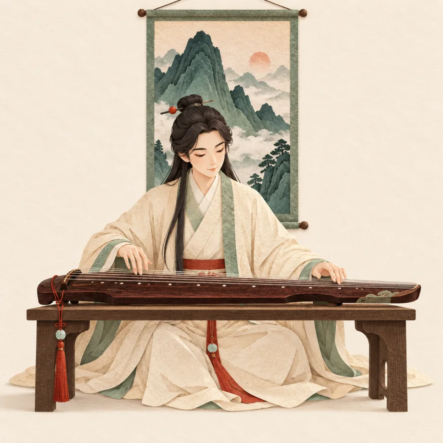 A person in an old robe plays a zither beside a mountain scroll