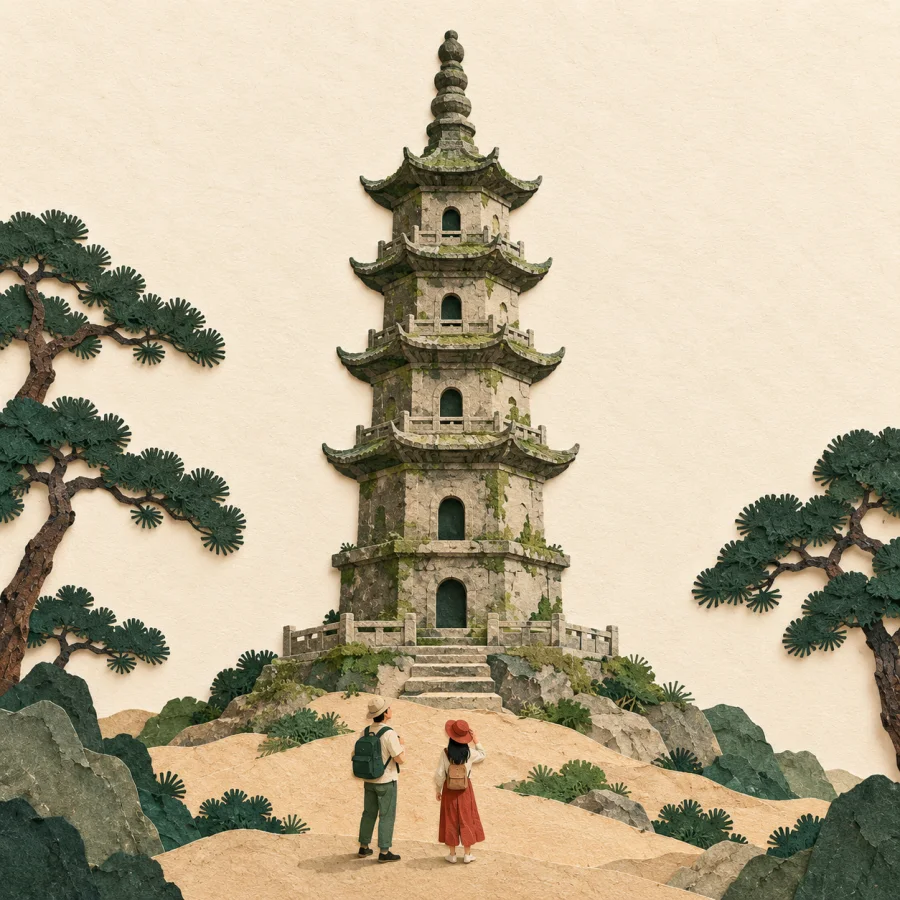 An old stone pagoda with two tourists beside it