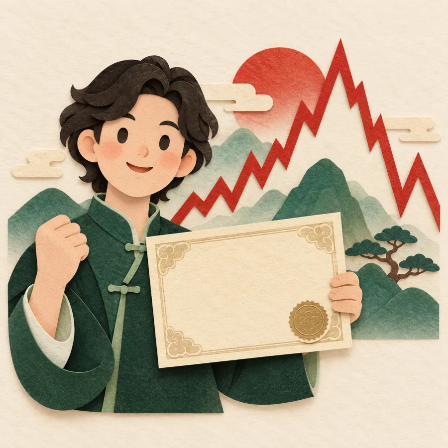 A person with a certificate beside a red jagged chart line