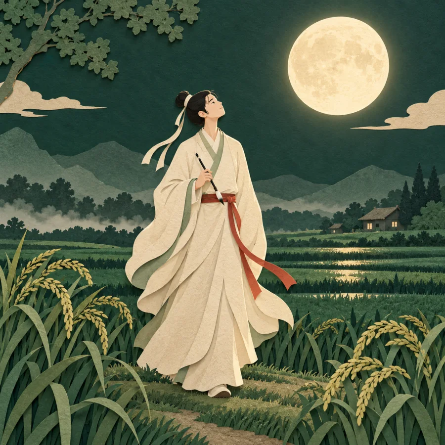 A person in an old robe with a brush looks at the moon over a field