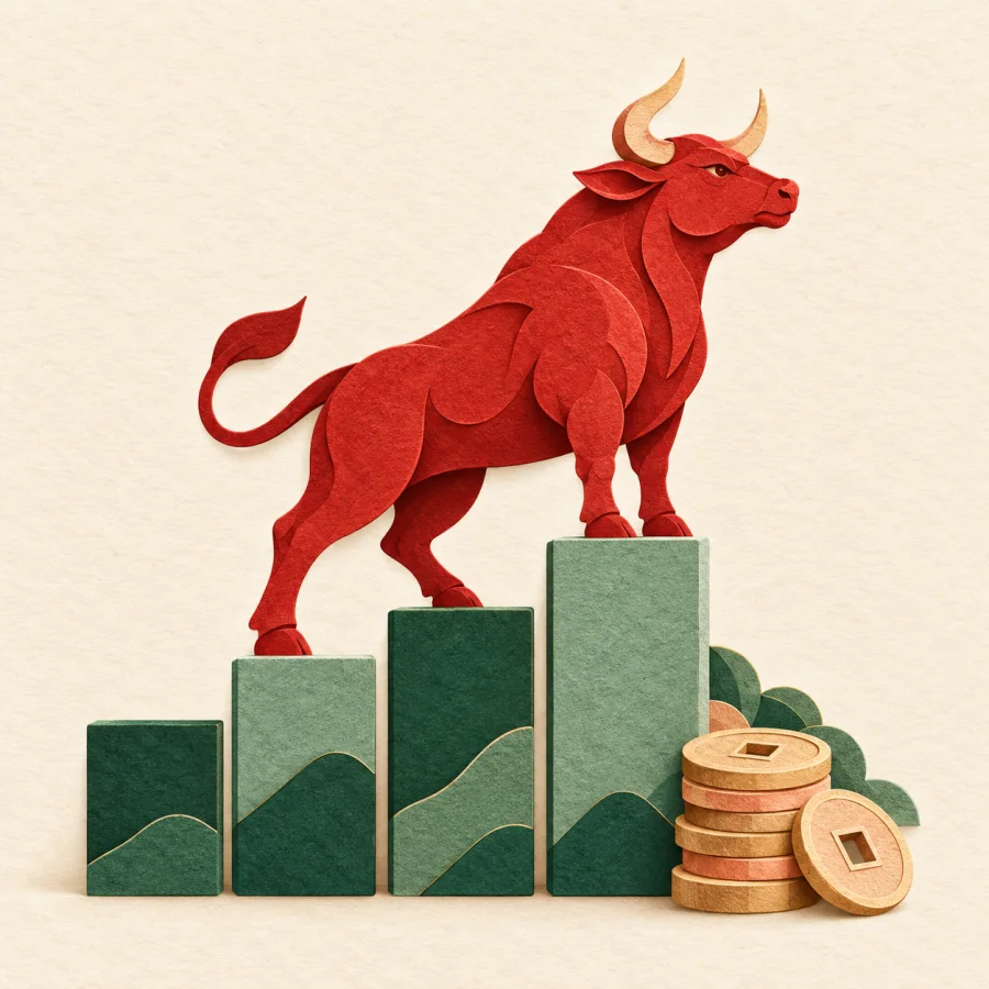 A red bull stands on a rising bar chart beside a stack of coins