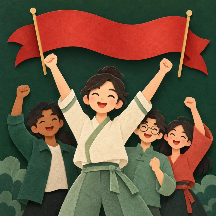 A person with raised arms before cheered-up teammates and a red banner