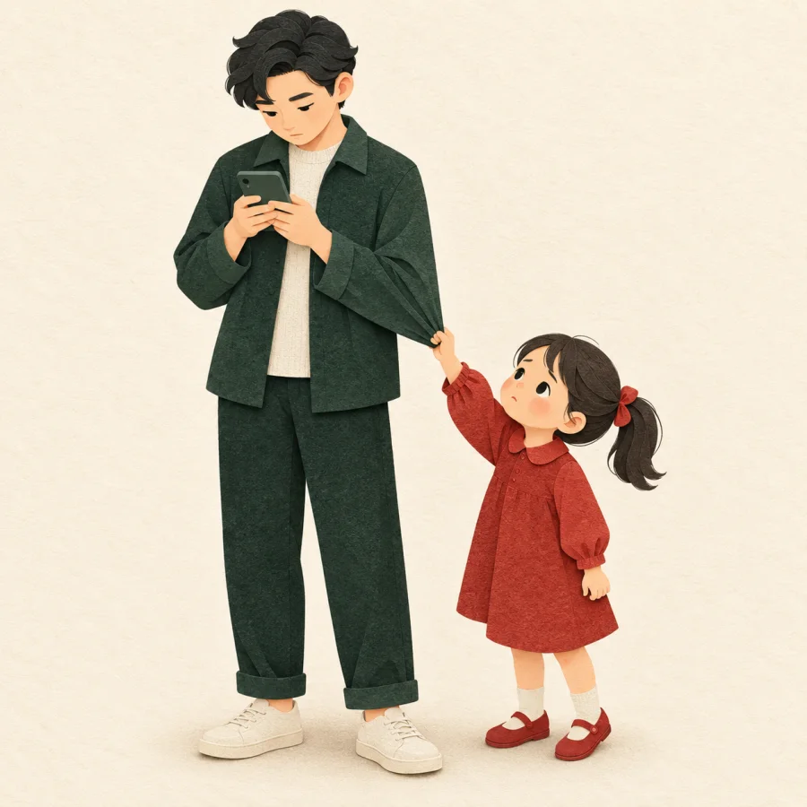 A person staring at a phone, missing a child tugging their sleeve