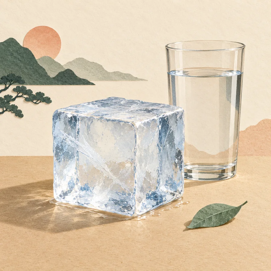 A block of ice beside a glass of water