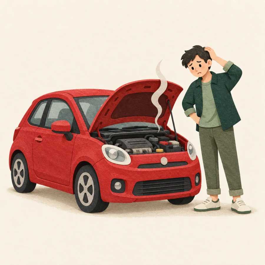 A car with its hood up and steam, a puzzled person beside it