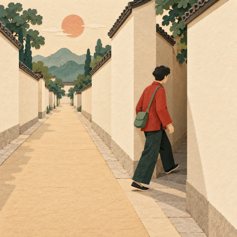 A pedestrian turns off a straight road into a narrow alley