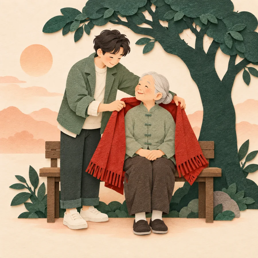 A person covers an elderly person on a bench with a blanket