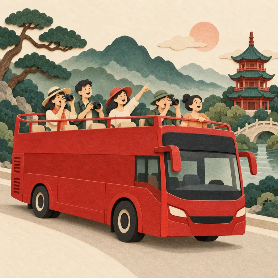 Tourists with cameras on an open-top sightseeing bus