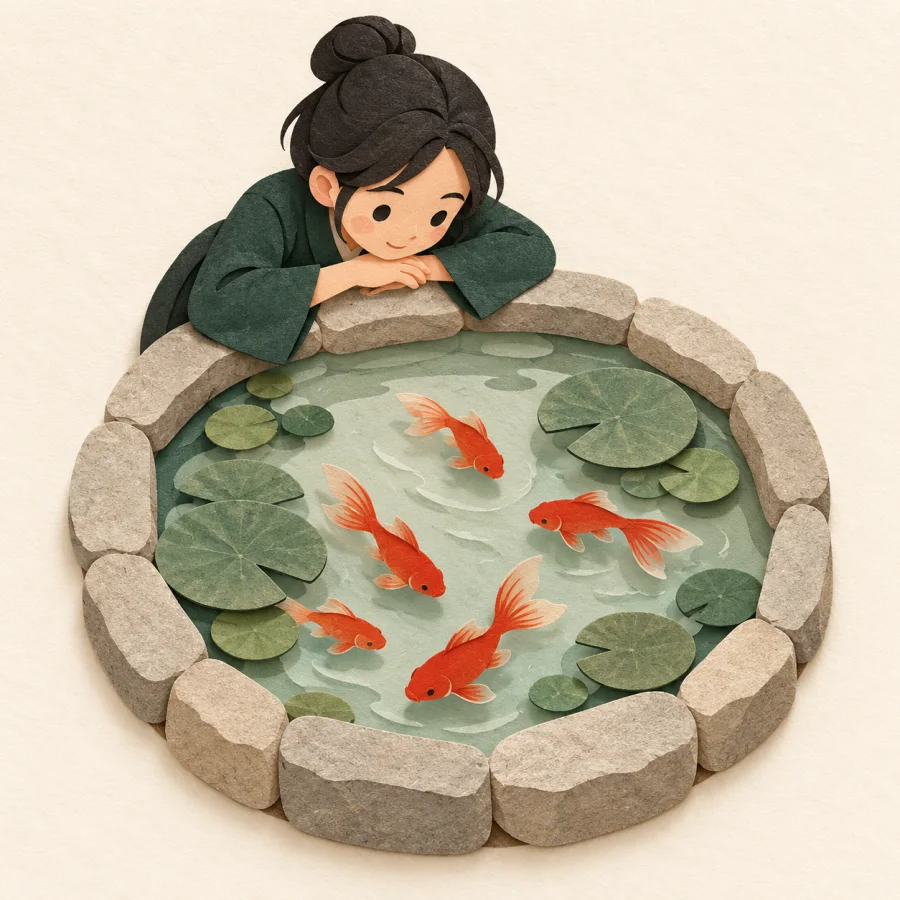 A person leans over a pond admiring red goldfish