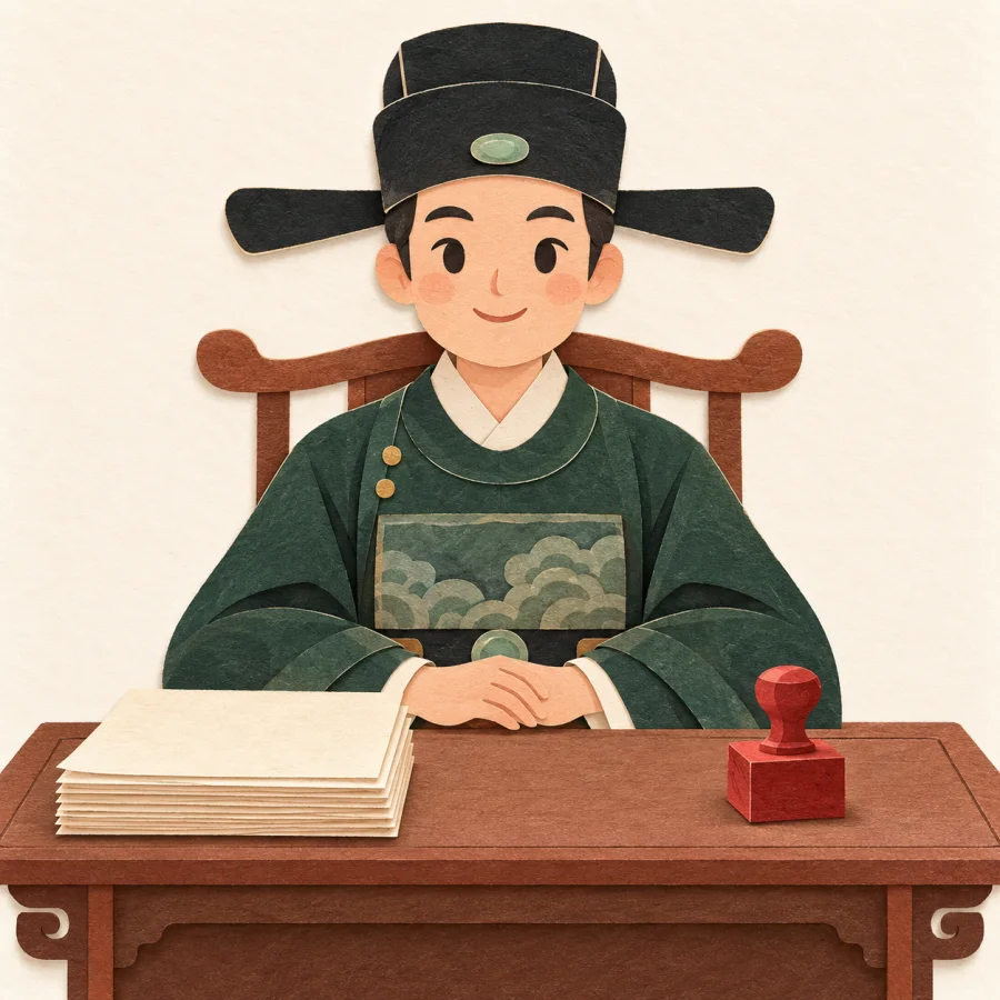 A person in a dark green jacket at a desk with papers and a stamp