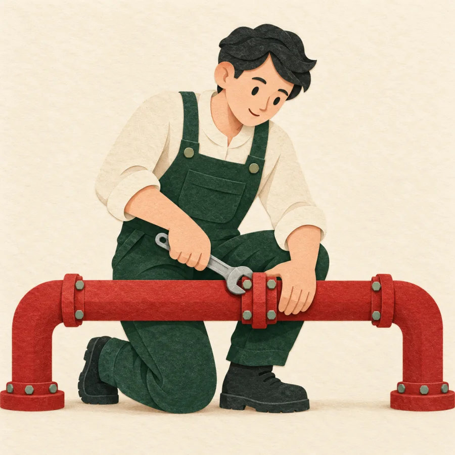 A worker inspects a long red pipe with a wrench