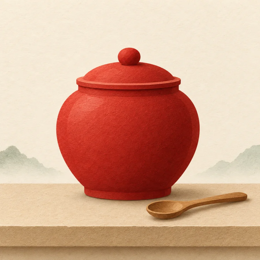 A red jar with a lid stands on a shelf