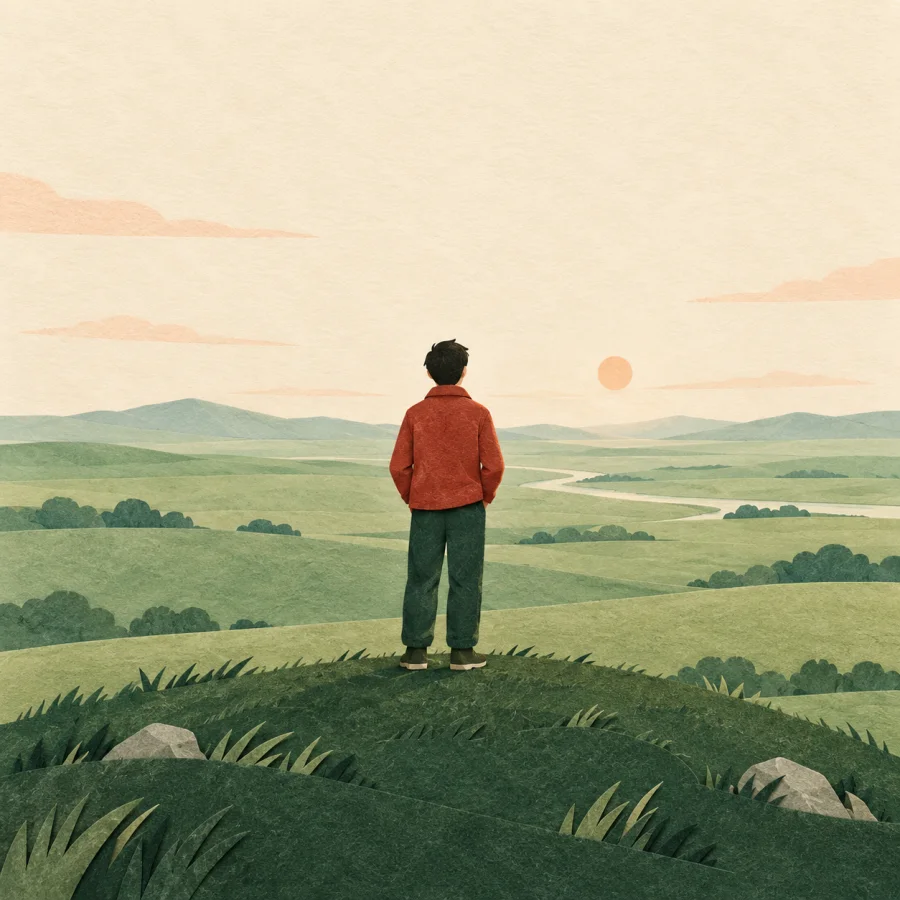 A person on a hill looks over a vast green plain