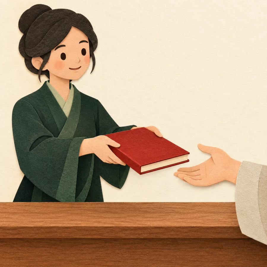 A person hands a red book back across a counter