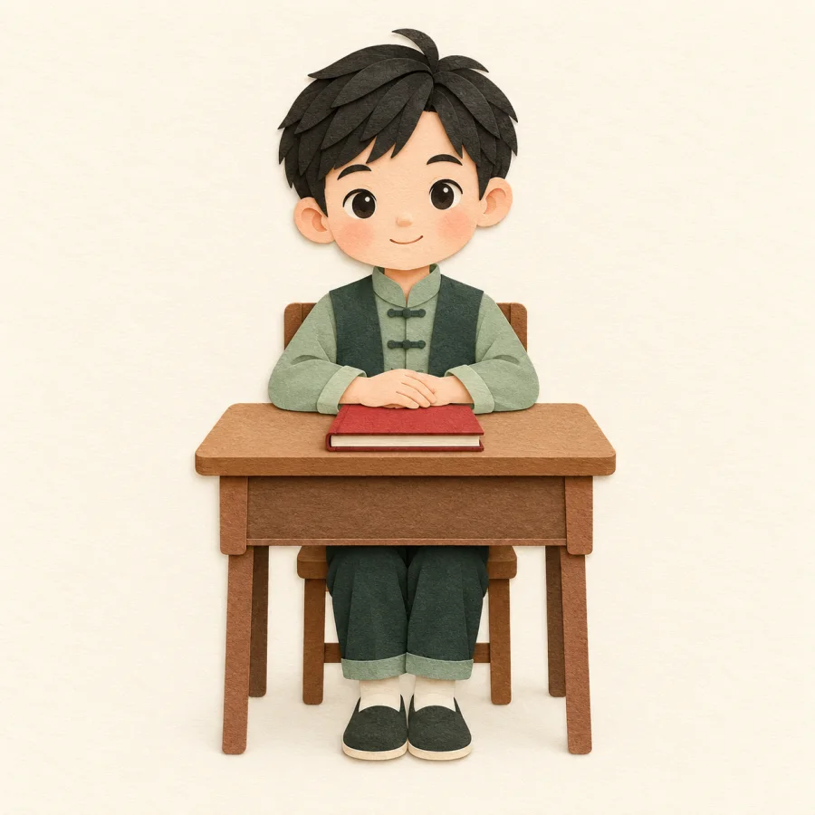 A child sits quietly at a desk with folded hands