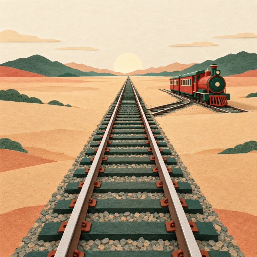 A railway track stretching to the horizon with a waiting train