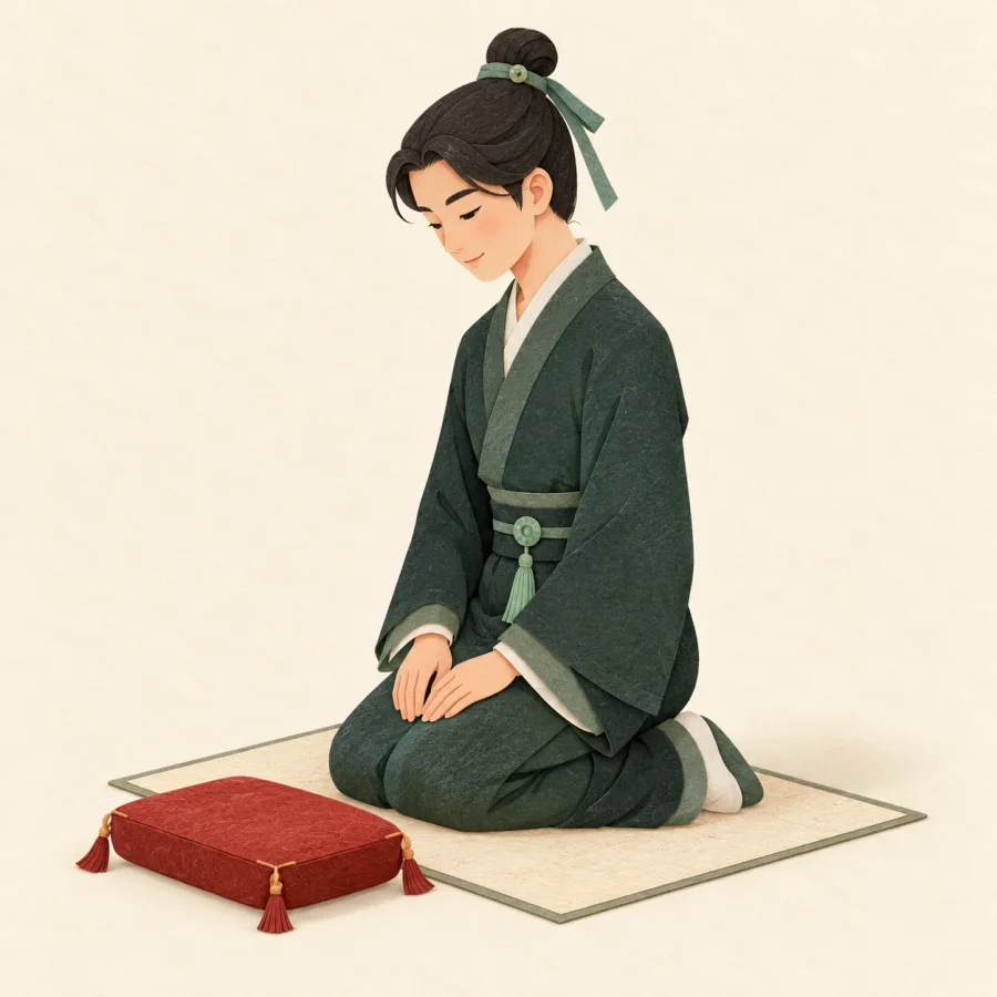 A person kneels on a mat with a bowed head