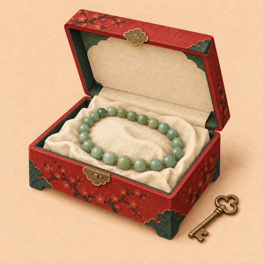 An open box holding a jade necklace