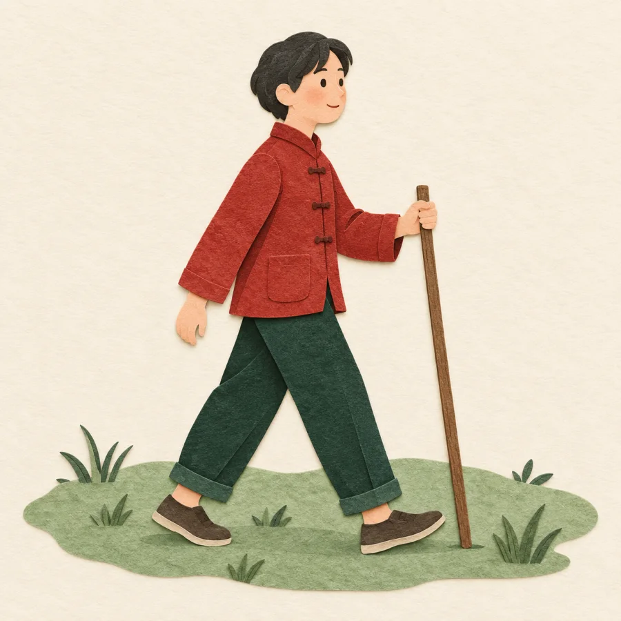 A person walks across a meadow leaning on a long stick