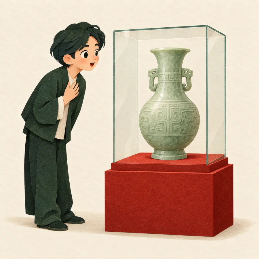 A person admires a jade vase in a glass case
