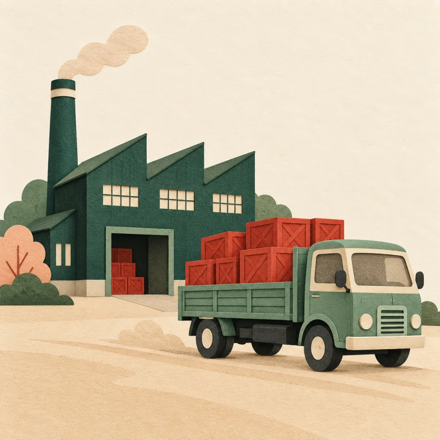 A truck full of red crates leaves a small factory
