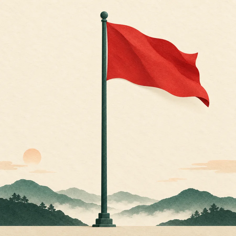 A red flag flutters on a tall flagpole