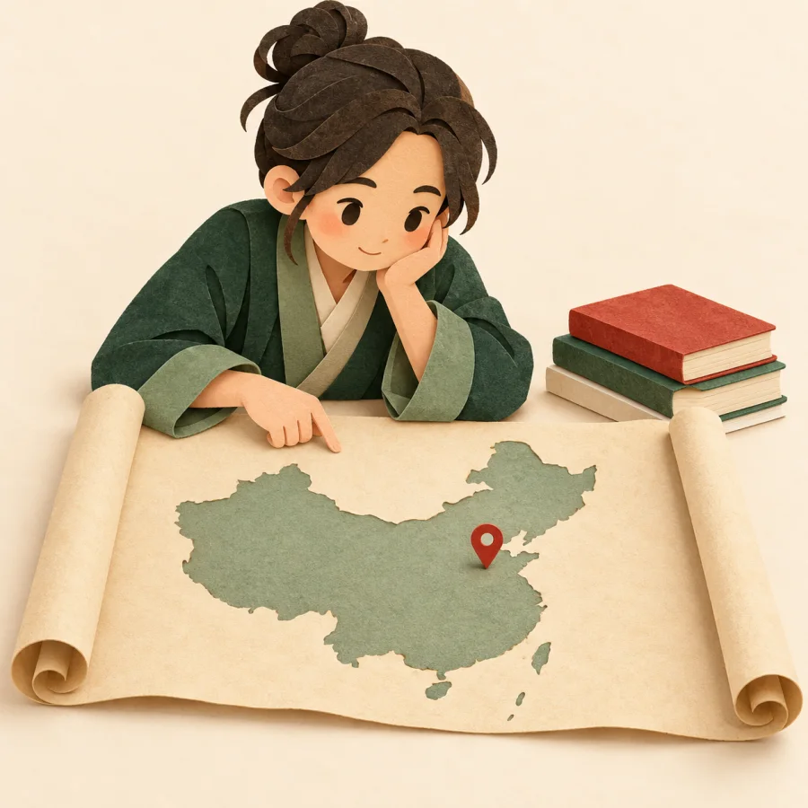 A person studies a large map with a red pin