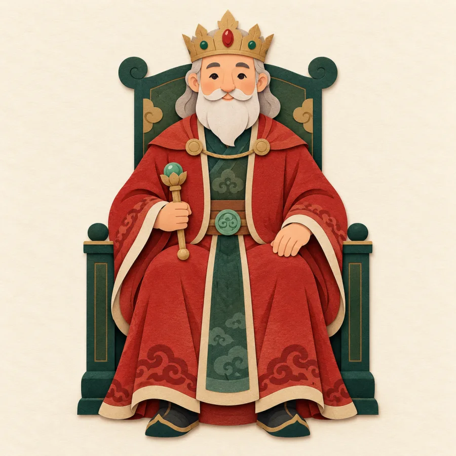 A king in a red robe sits on a high throne