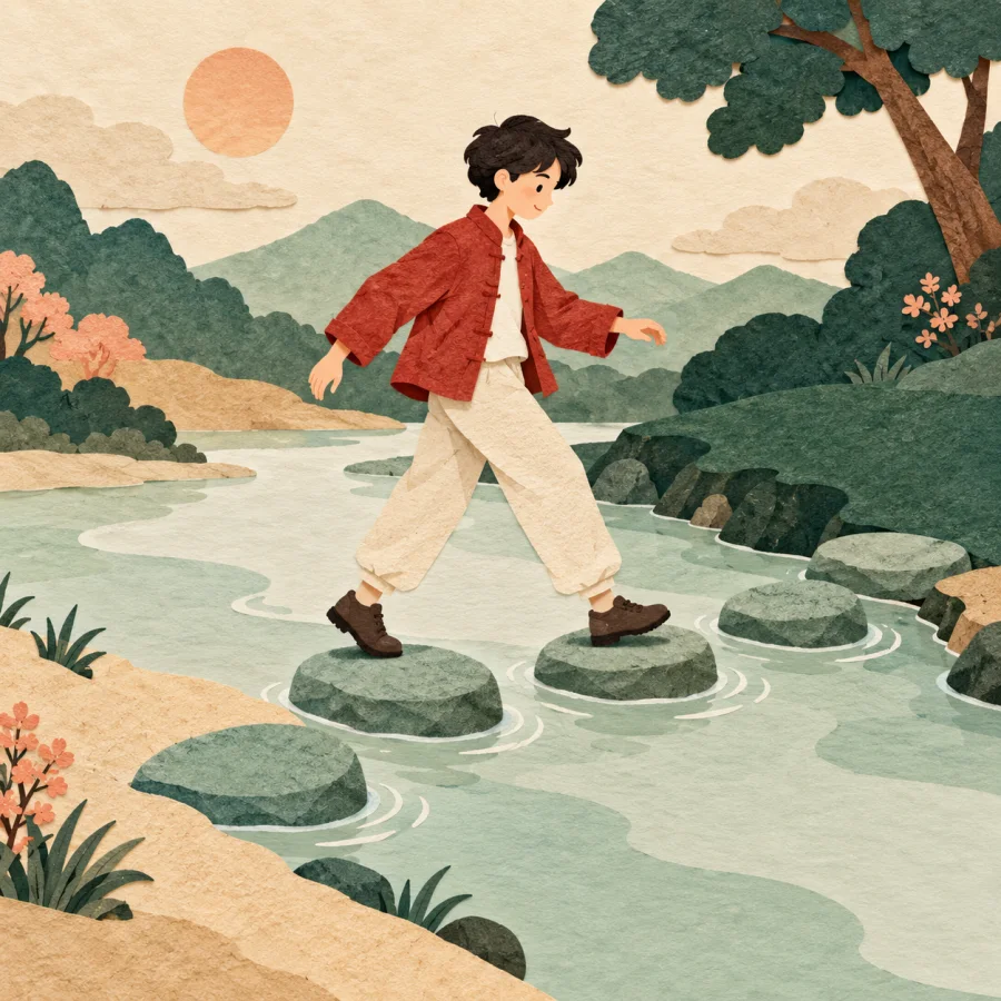 A person crosses a stream on stepping stones