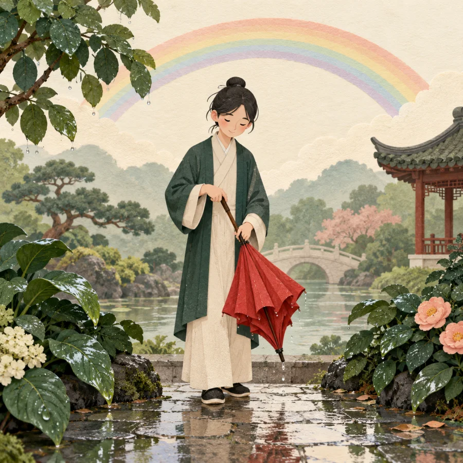 A rainbow arches over a wet garden after rain