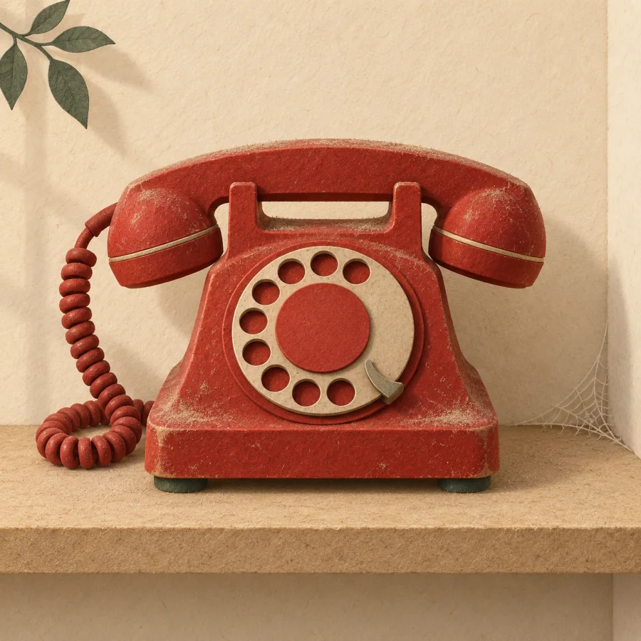 A dusty old red rotary phone on a shelf