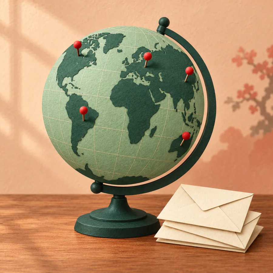 A globe with red pins beside a stack of letters