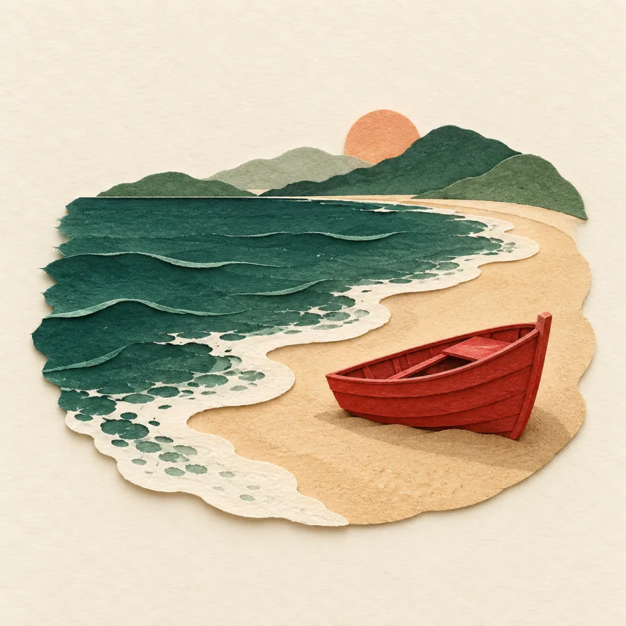 A sandy shore with waves and a red boat
