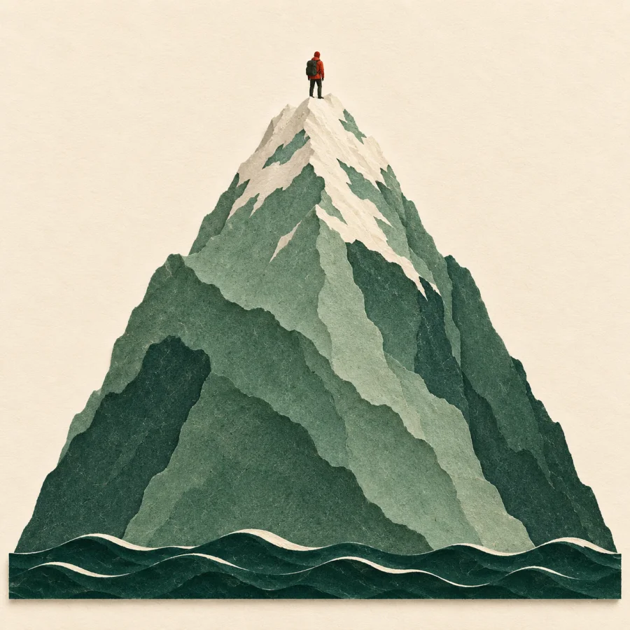 A hiker on a tall mountain peak above the sea