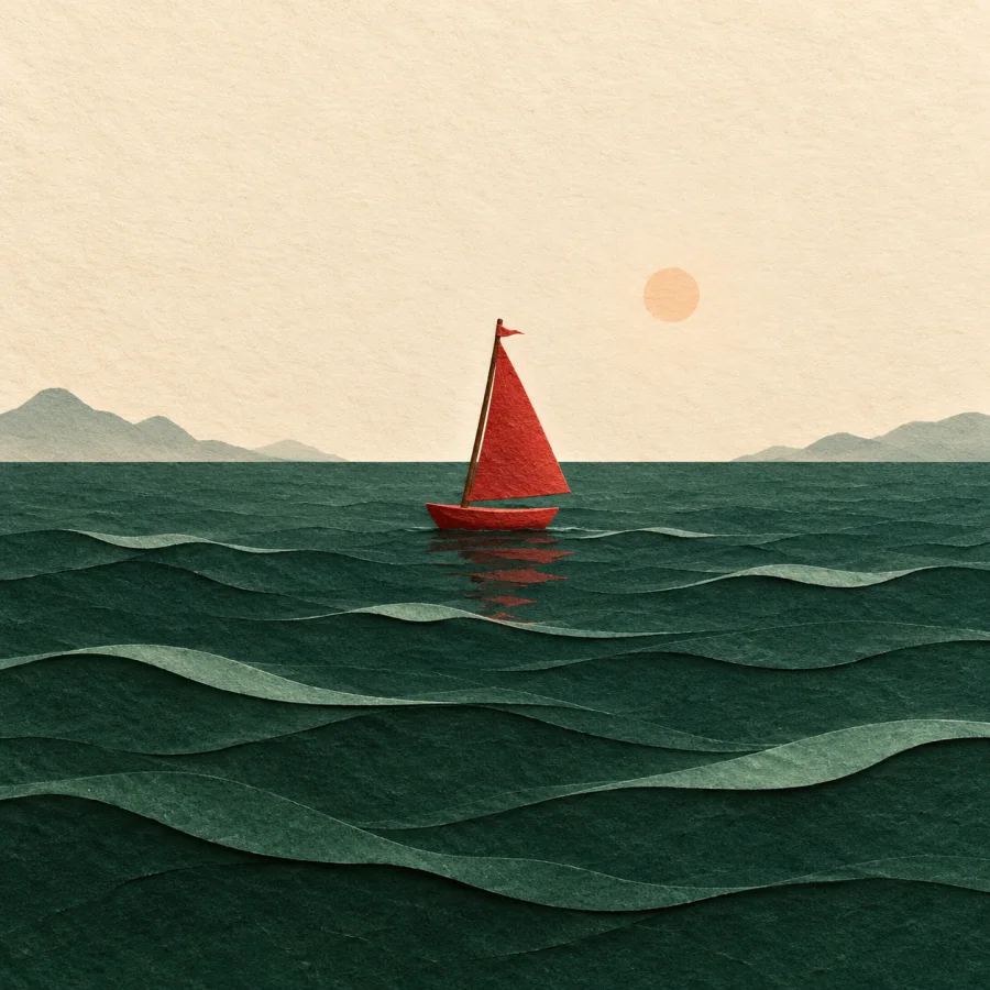 A calm dark sea with a small red sailboat