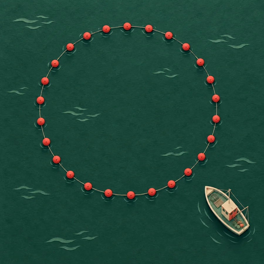 A patch of sea marked off by red buoys