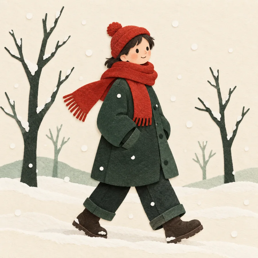 A person in a red scarf walks through falling snow