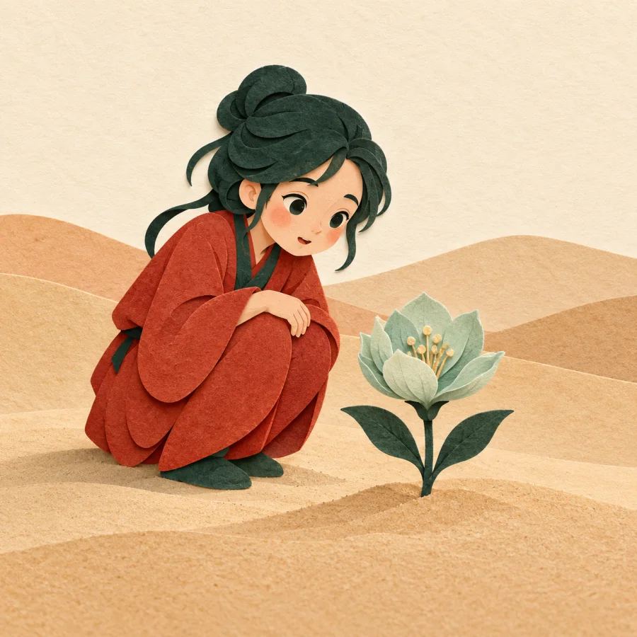 A lone green flower blooming in a sandy desert