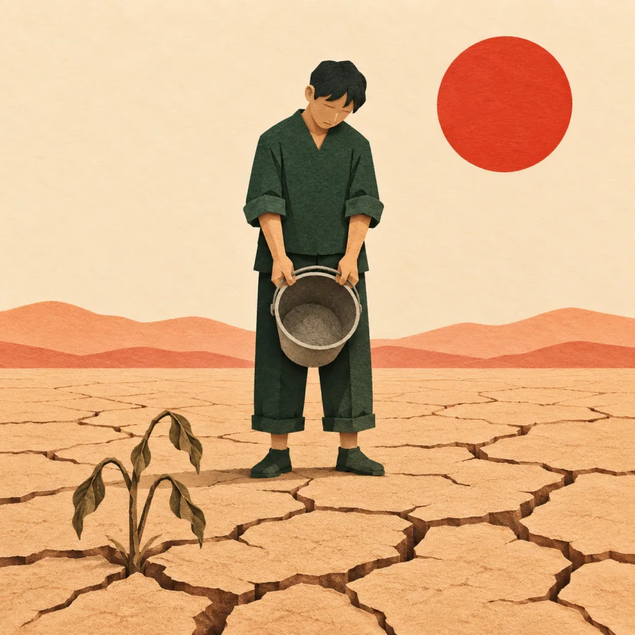 A person with an empty bucket on cracked earth