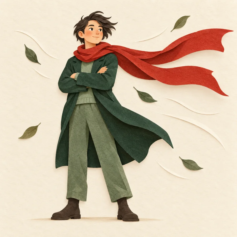 A person stands firm with crossed arms in strong wind