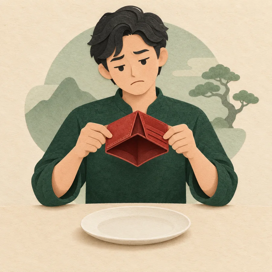 A person shows an empty red wallet
